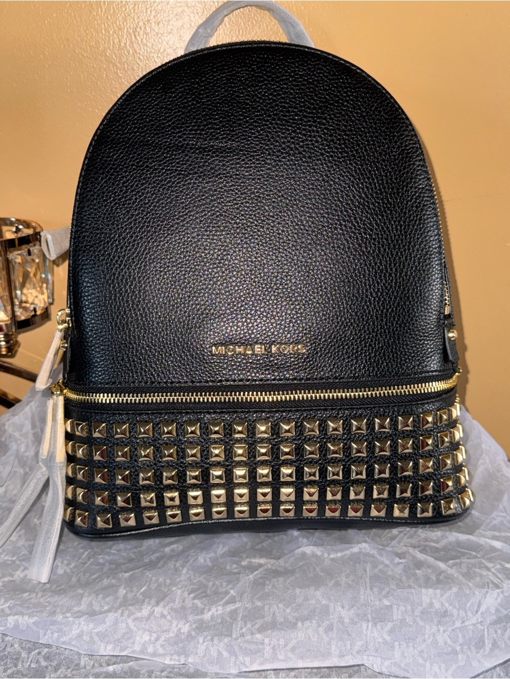 Michael Kors Black Leather Backpack with Gold Stud Accents